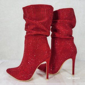 Resolve Sparkling Red Rhinestone High Heel Slouch Calf Boots New Years Bling